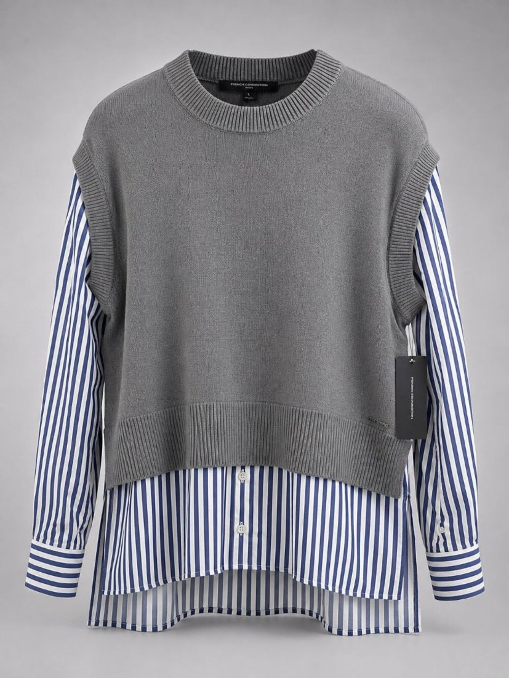 French Connection Womens XL Grey Sweater Vest With Blue & White Striped Shirt De